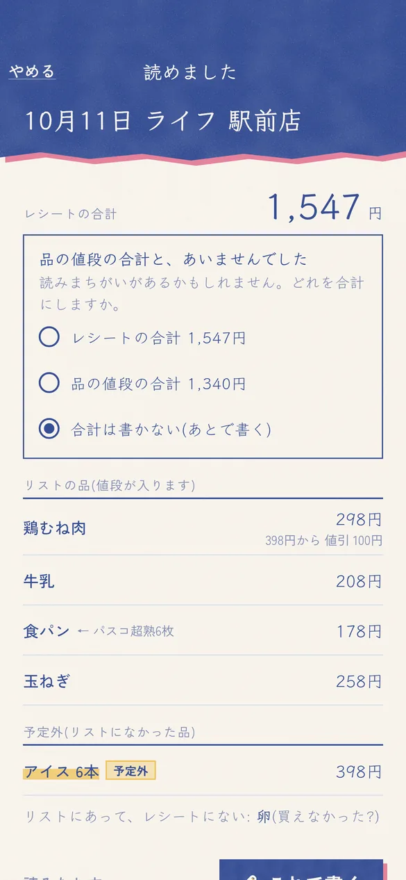 レシートを読んだ画面。品ごとの値段、値引き、予定外の品、合計があわないときの選択